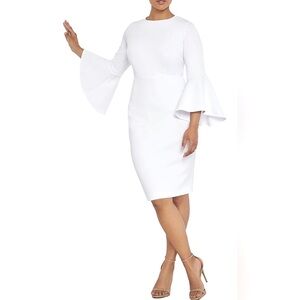 ELOQUII Women's Plus Size White, Flare Sleeve, Scuba Midi Dress Size 16